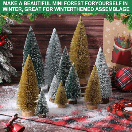 Meooeck 12 Pcs Mini Christmas Trees 4 Sizes 4/6/8/10 Inch Bottle Brush Christmas Trees Artificial Christmas Tree with Wood Base Winter Snow Fake Pine Tree Decor for Home (Green, Gold, White)