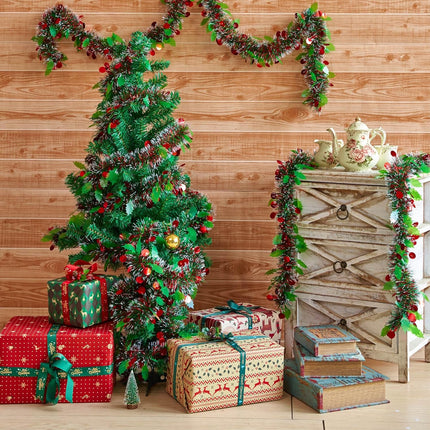 33 Ft Christmas Tinsel Garland, Green Glitter Xmas Tree Decorations with Frost Tip Leafs and Red Berry Shapes, Metallic Fluffy Hanging Party Ornaments for Ceiling Stairs