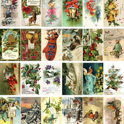 PIXILUV Vintage Christmas Greeting Cards 24pcs Christmas Tree Wreath Garland Ornaments Reprint Postcard Set