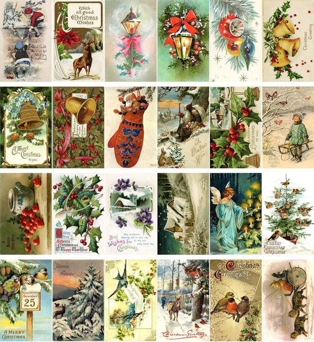 PIXILUV Vintage Christmas Greeting Cards 24pcs Christmas Tree Wreath Garland Ornaments Reprint Postcard Set