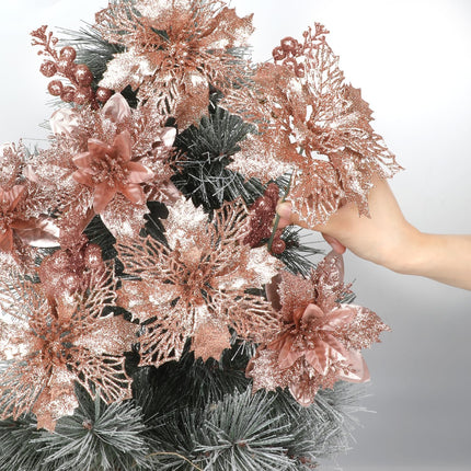 22 Pcs Rose Gold Christmas Poinsettia Artificial Flowers and Glitter Berries Stems Kit, Christmas Poinsettias Decorations and Christmas Tree Ornaments for Xmas Home Wedding Holiday Tree Decor