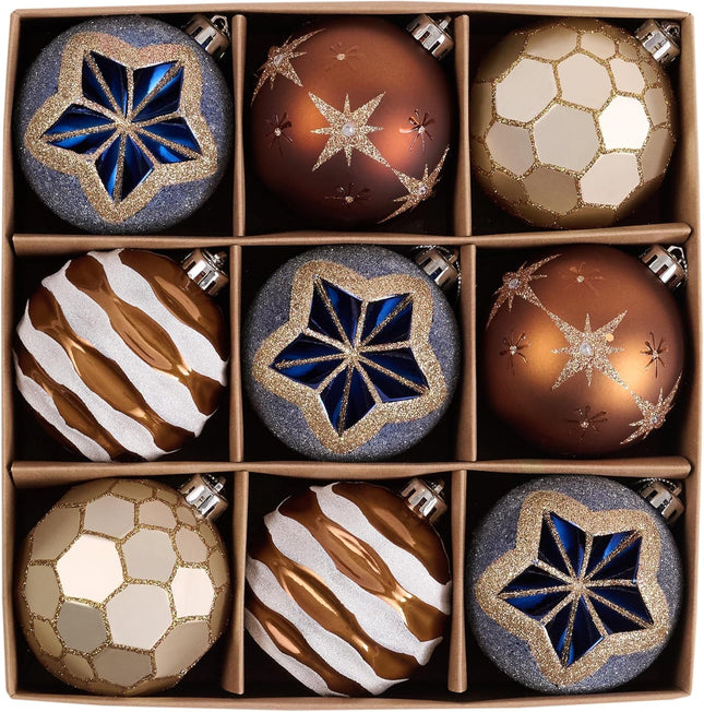 DecorbyHannah Christmas Ornaments, 9ct 80mm Large Blue Gold Bronze Christmas Tree Decorations, Shatterproof Decorative Celestial Star Ball Ornaments for Christmas Tree, Home Decor