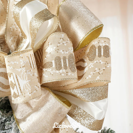 Ivory and Champagne Gold Christmas Tree Topper Bows 13 x 53 Inch Large Christmas Bows with Streamer and Bauble Patterns Decorative Bows for Xmas Tree Wreaths Door Staircase Home Decor