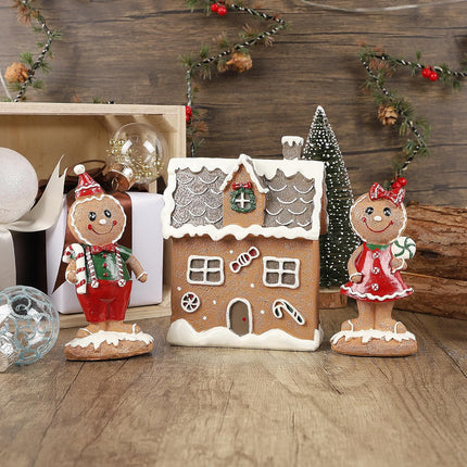 Lulu Home Christmas Tabletop Decorations, Resin Gingerbread House and 2 Gingerbread Men Figurines Adorn with Candy Cane Wreath for Indoor Holiday Fireplace Shelf Ornaments Display