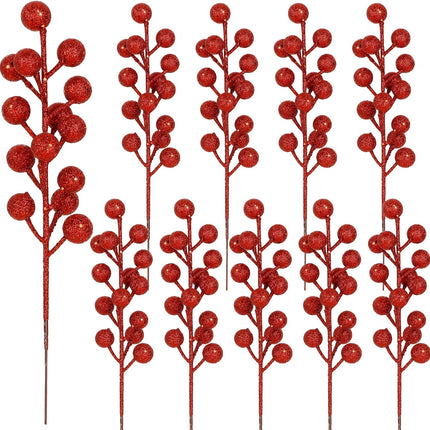 winemana 24 Pack 8 Inch Christmas Glitter Faux Winter Berry Sprigs, Artificial Sparking Red Berries Ornaments for Christmas Tree DIY Crafts Wreath Garland Decor (Red)