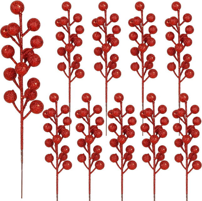 winemana 24 Pack 8 Inch Christmas Glitter Faux Winter Berry Sprigs, Artificial Sparking Red Berries Ornaments for Christmas Tree DIY Crafts Wreath Garland Decor (Red)