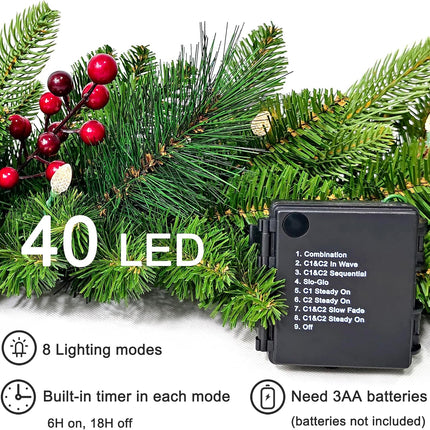 26 inches Pre-lit Artificial Christmas Wreath with Red Berries, Pine Cones, 40 C3 Dual-Color Multi-Functional Battery Operated LED Lights with Timer