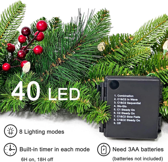 26 inches Pre-lit Artificial Christmas Wreath with Red Berries, Pine Cones, 40 C3 Dual-Color Multi-Functional Battery Operated LED Lights with Timer