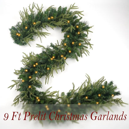 Prelit Christmas Garland 9ft with 50 LED Lights, Battery Opreated Christmas Decor Timer for Mantle Staircase Indoor and Outdoor Prelight Xmas Garland