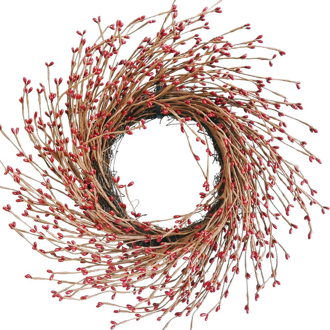 Spring Front Door Wreath 18 Inch Artificial Twig Wreath Winter Red&Burgundy Berry Wreath Artificial Eucalyptus Leaves Wreath with Large Grapevine Wreath for Farmhouse Window Hanging Christmas Decor