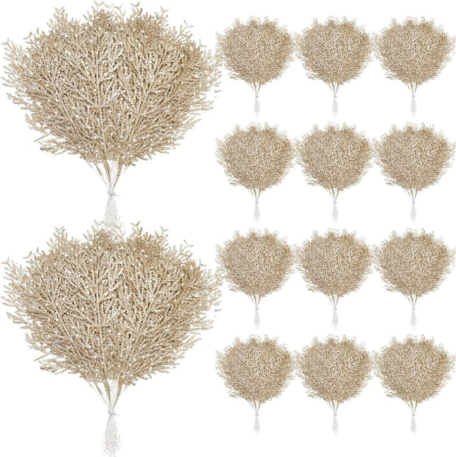 Giegxin 48 PC Christmas Glitter Artificial Pine Needles Pine Tree Twig Picks Branches for Wedding Tree Glittery Stem for Christmas DIY Wreath Garden Embellishing Garland Decoration(Champagne)