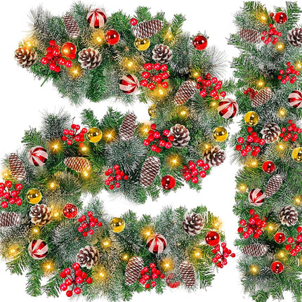 [ 2 Pack & Timer 8 Mode ] 9 Ft 100 LED Prelit Christmas Garland, Each 18 Ball 6 Poinsettia 300 Thick Snowy Tips 18 Pinecone 198 Red Berry Battery Operated Christmas Garland Decor Mantle Indoor Outdoor