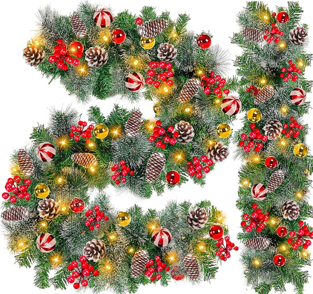 [ 2 Pack & Timer 8 Mode ] 9 Ft 100 LED Prelit Christmas Garland, Each 18 Ball 6 Poinsettia 300 Thick Snowy Tips 18 Pinecone 198 Red Berry Battery Operated Christmas Garland Decor Mantle Indoor Outdoor