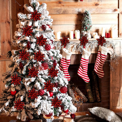 MTLEE 20 Pieces Buffalo Plaid Poinsettias Christmas Tree Ornaments Artificial Christmas Flowers Christmas Poinsettias for Rustic Christmas Tree Wreaths Garland Holiday Decorations (Black and Red)