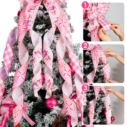 Pink Christmas Tree Topper Bow - 45'' x 13'' Large Pink Plaid Edge Ribbon Bow for Tree & Wreath - Rustic Christmas Tree Decor, Pink Buffalo Plaid Bow Wreath for Christmas Decorations