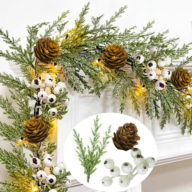 6Ft 20LED Christmas Garland with Lights Timer, Cedar Garland Snowy Christmas Garland Juniper Greenery Pine Garland Christmas Decorations with Pinecones Berried Christmas Garland for Mantle Table Home