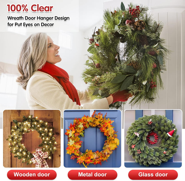 12 in Wreath-Hangers for Front Door,Door-Wreath-Hanger-Clear Over The Door Hooks,2 Pack Non-Scratch-Door-Hanger Hook for Easter Christmas Halloween Fall Wreath Decorations,Welcome Sign for Front Door