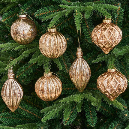 Mercury Glass Christmas Ornaments Set of 8 Champagne Gold 3.54 Inches Large Hanging Balls Finial Xmas Tree Decorations