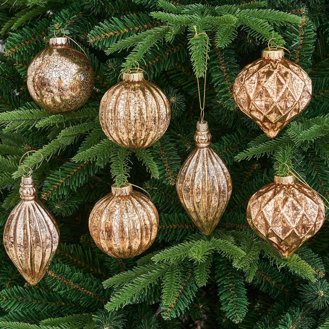 Mercury Glass Christmas Ornaments Set of 8 Champagne Gold 3.54 Inches Large Hanging Balls Finial Xmas Tree Decorations