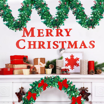Sggvecsy 39.37Ft Christmas Red Berry Tinsel Garland Xmas Tree Decorations Green Leaves Christmas Metallic Twist Garland Ceiling Hanging Decorations for Year Party Holiday Indoor Outdoor Supplies