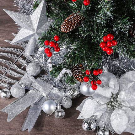 Aodaer 142 Pieces Silver Assorted Christmas Tree Ball Ornament Set Shatterproof Hanging Decoration, Christmas Tree Ball, Glitter Poinsettia, Bowknot, Tinsel, Leaves for Xmas Tree Holiday Wedding Party