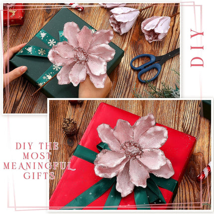 20 Pcs Christmas Glitter Poinsettia Magnolia Flowers Ornaments Large Heads Artificial Magnolia Flowers for Christmas Tree Xmas Wreath Holiday Wedding Decor (Pink)