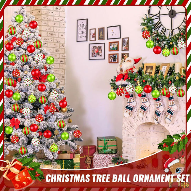 24 Pcs Christmas Ball Ornaments 1.97 Inches Glittering Plastic Hanging Decorations Lime Green Elf Balls Swirl Candy Cane Shatterproof Hanging Tree Ornaments for Xmas Holiday Party Decors