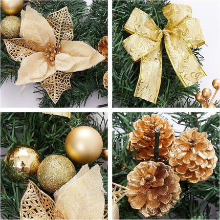 6ft Gold Christmas Garland with 30 Clear Lights, Spruce, Ribbon Bows, Pine Cones, Berries, Ball Ornaments, Poinsettia, Home Holiday Seasonal Christmas Decoration Outdoor/Indoor