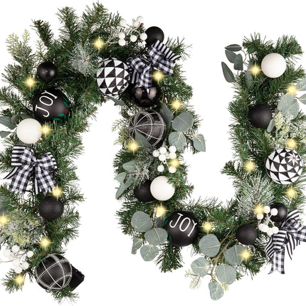 Valery Madelyn 6 feet Pre Lit Christmas Garland for Mantle with Lights, Lighted Xmas Garland with Black White Balls for Front Door Fireplace Table Centerpiece Outdoor Party Decoration Indoor