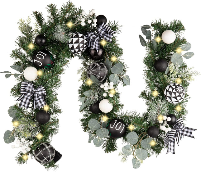 Valery Madelyn 6 feet Pre Lit Christmas Garland for Mantle with Lights, Lighted Xmas Garland with Black White Balls for Front Door Fireplace Table Centerpiece Outdoor Party Decoration Indoor