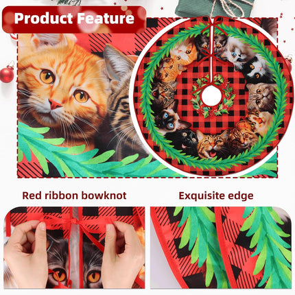 Christmas Cats Tree Skirt 48 Inches, Cat Lover s, Lace-up Kitten Red Xmas Tree Skirt for Christmas Tree Decor, Christmas Holiday Party Indoor Decor