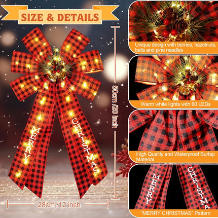 Hiboom 2 Pcs Lighted Large Christmas Bows Decoration, 20 x 12'' Red Black Plaid Burlap Wreath Bow with Berries Hazelnuts Bells Pine Needles Ornament for Christmas Party Front Door Fireplace Wall Decor