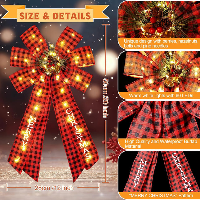 Hiboom 2 Pcs Lighted Large Christmas Bows Decoration, 20 x 12'' Red Black Plaid Burlap Wreath Bow with Berries Hazelnuts Bells Pine Needles Ornament for Christmas Party Front Door Fireplace Wall Decor