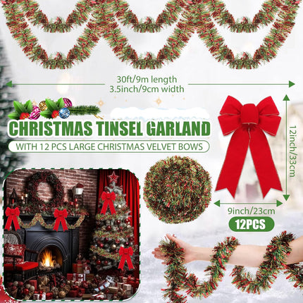 Jutom 30 ft Christmas Tinsel Garland with 12 Pcs 12 Inch Christmas Velvet Bows Hanging Garland for Home and Party Decoration for Christmas Trees, Walls, Hedges, Stair Handrail, Doorways, Windows