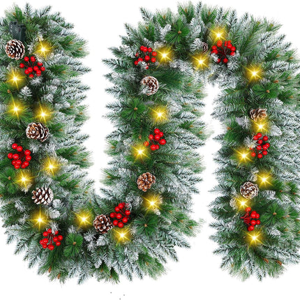9FT Prelit Christmas Garland with Lights Decorations: Artificial Greenery Garland Battery Operated for Fireplace Mantle Stairs Windows Xmas Decorations, Indoor Outdoor Holiday Garland Decor (Garland1)