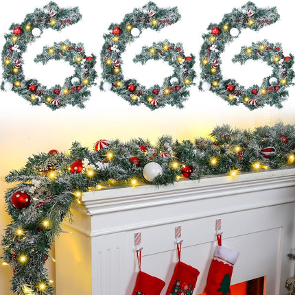 XunYee 18 FT Christmas Garland with Lights Xmas Prelit Garland Battery Operated Mantle Garland Decoration Red White Balls Snow Flocked Greenery Garlands for Front Door Fireplace Table Centerpiece