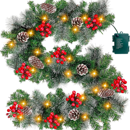TURNMEON 6 Ft by 10 Inch Prelit Christmas Garland with Timer 30 Warm Lights 8 Modes 8 Pine Cone Snowy Bristle Pine 88 Berries Battery Operated Xmas Christmas Decorations Home Outdoor Fireplace Mantle