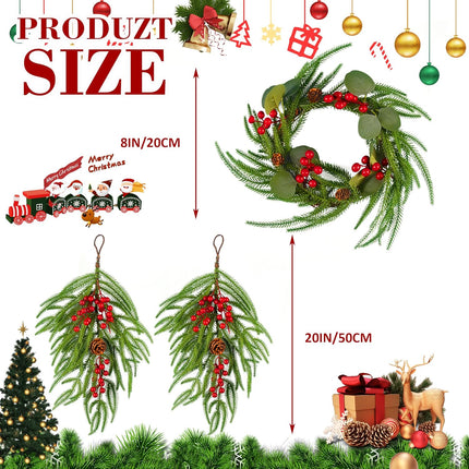 Christmas Garland with Lights Artificial - 4PCS Norfolk Pine Garlands Set, 2 Real Touch Christmas Teardrop Swag 1 Christmas Wreath for Mantle, Table, Indoor, Porch Christmas Decorations