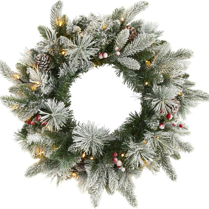 Nearly Natural 20in. Flocked Mixed Pine Artificial Christmas Wreath with 50 LED Lights, Pine Cones and Berries