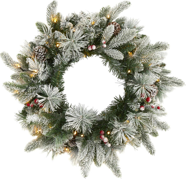Nearly Natural 20in. Flocked Mixed Pine Artificial Christmas Wreath with 50 LED Lights, Pine Cones and Berries
