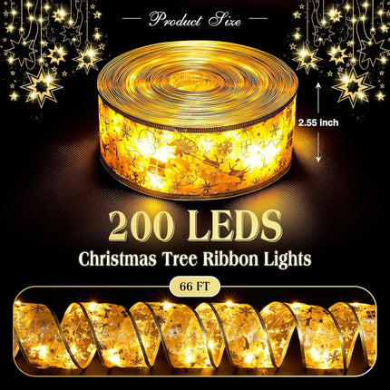 Christmas Decorations, 2.5Inch x 66Ft 200 Led Christmas Tree Ribbon Lights with 8 Lighting Modes, Battery Operated & USB Powered Fairy String Lights with Timer for Party Xmas Tree Decor