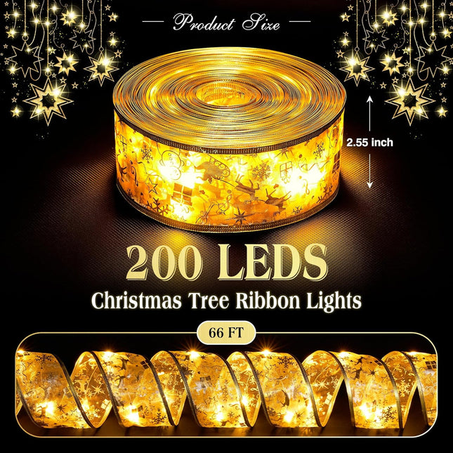 Christmas Decorations, 2.5Inch x 66Ft 200 Led Christmas Tree Ribbon Lights with 8 Lighting Modes, Battery Operated & USB Powered Fairy String Lights with Timer for Party Xmas Tree Decor