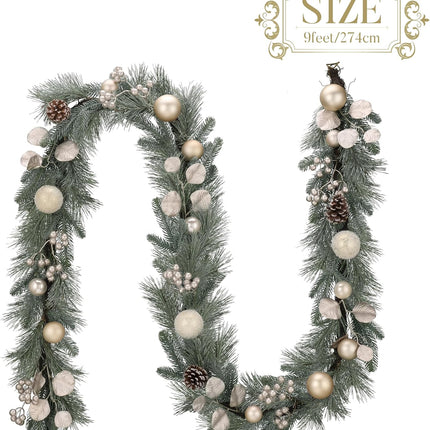 Valery Madelyn 9 feet Pre-Lit Christmas Garland with Lights for Mantle, Lighted Battery Operated Xmas Garland with White Gold Ball for Front Door Fireplace Table Centerpiece Outdoor Window Home Decor