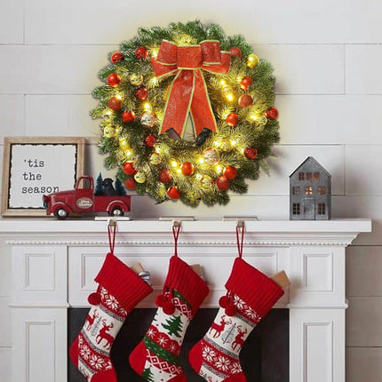 Lulu Home 16 Inch Pre-lit Christmas Wreath with Hook, Battery Operated Christmas Wreath Decorative Christmas Balls Hanging Ornament, Artificial Door Wreath 40 Clear LED Lights