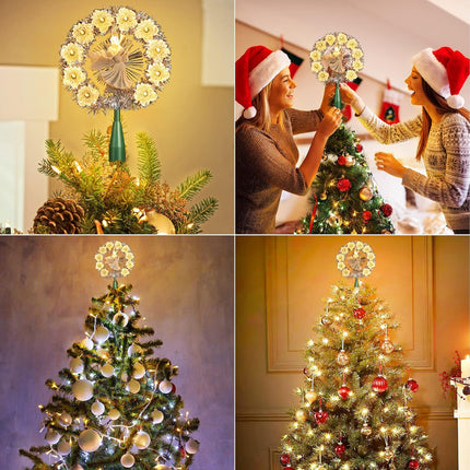 Brizled Christmas Tree Topper, 8" Lighted Angel Tree Topper with 11 Count Lights, Siver Tinsel Wreath Tree Toppers, Warm Lighted Angel Tree Topper with 10 Flowers, Plug in Treetop for Christmas Tree