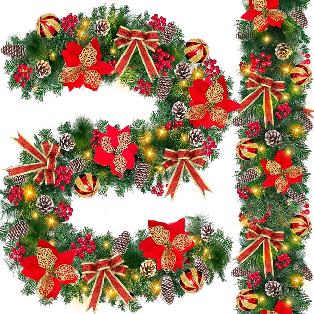 2 Pack 9 Ft Each Thicker Prelit Christmas Garland 8 Modes Timer 5 Poinsettia 4 Balls 300 Tips 198 Red Berry 4 Bow 18 Pine Cone Cedar Garland Xmas Decorations Home Indoor Outdoor, Total 18 Ft 100 LED