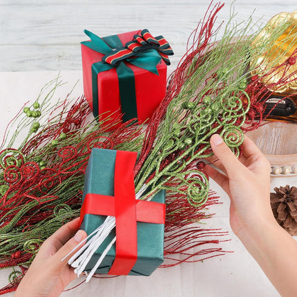48 Pcs Christmas Red Green Artificial Glitter Berry Stems Ornaments Fake Christmas Candy Picks Decorative Curly Glitter Sticks Branches for Xmas Tree Wreath Crafts Vase Filler (48, Red, Green)