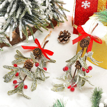 Giegxin 6 Pieces Christmas Mistletoe Decor Artificial Mistletoe Ornament with Red Bow Christmas Hanging Mistletoe Decoration Bouquet Natural Pine Cones Christmas Tree Accessories (Bright Style)