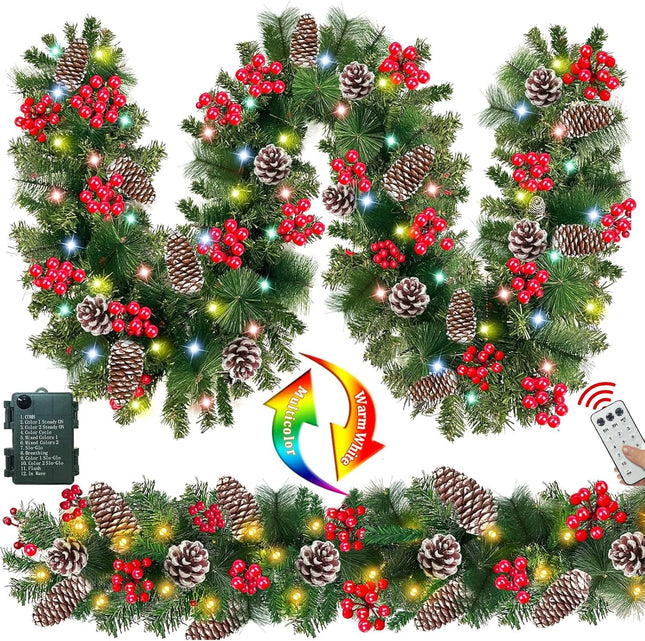 Remote Control & Timer 12 Modes 9 Ft Prelit Christmas Garland Decorations 50 Warm White & Colorful Change Lights Cedar Garland 290 Scots Smoky Pine 12 Pinecone Red Berry Mantle Fireplace Xmas Garland