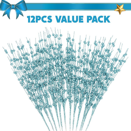 Joiedomi 12 Pcs Christmas Blue Glitter Berry Stems, 17'' Christmas Tree Picks, Xmas Wreath Ornaments Artificial Decorative Sticks, Glitter Twigs DIY Garland Crafts for Holiday Wedding Party Home Decor